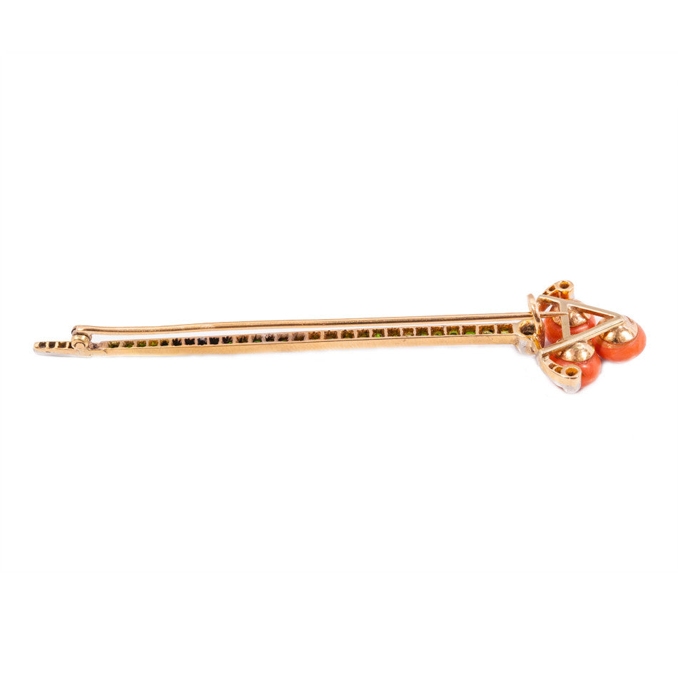 Russian Antique coral, demantoid garnet and diamond brooch in 18ct yellow gold