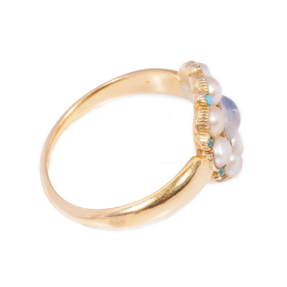 Antique Moonstone Turquoise & Pearl Ring in 18ct yellow gold