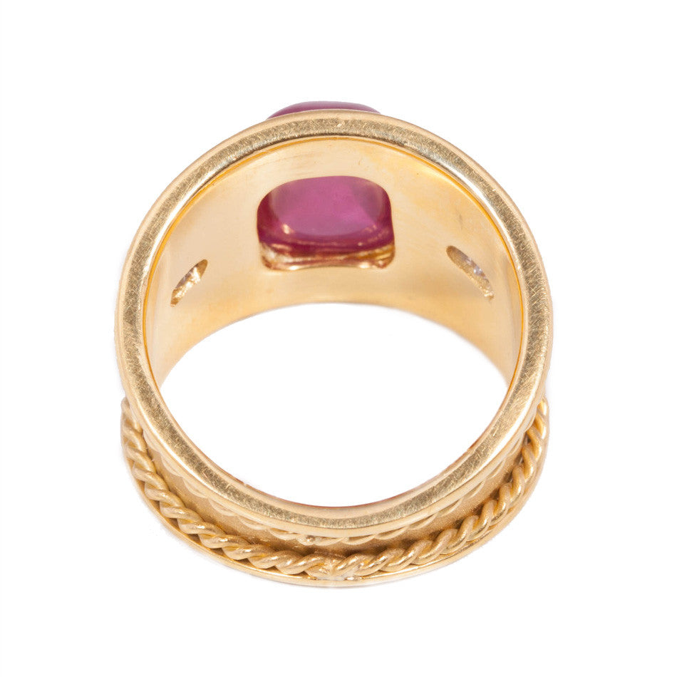 Handmade Cabochon Ruby and Diamond ring in 18ct yellow gold