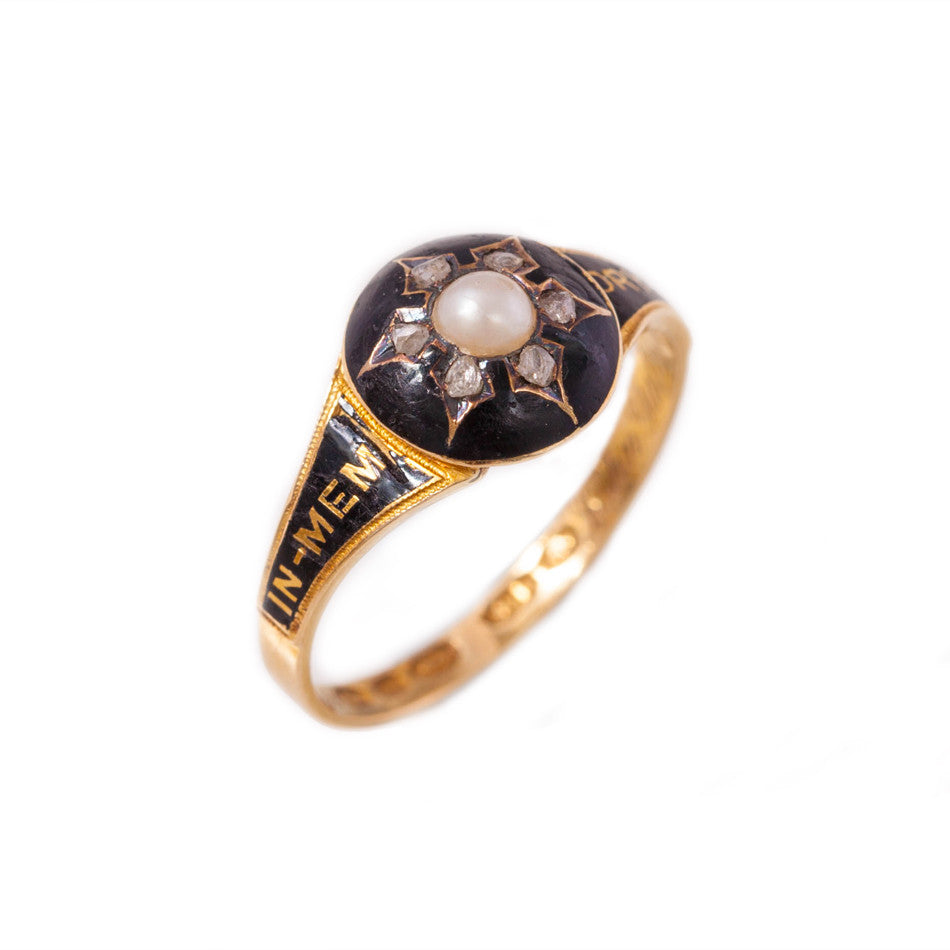 Victorian diamond & pearl mourning ring in 18ct