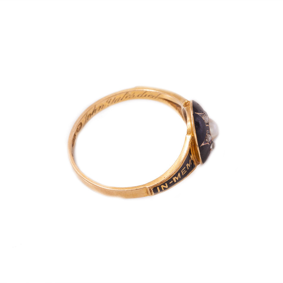 Victorian diamond & pearl mourning ring in 18ct