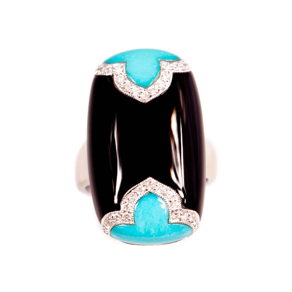 Art Deco Style Turquoise & Onyx Ring in 18ct