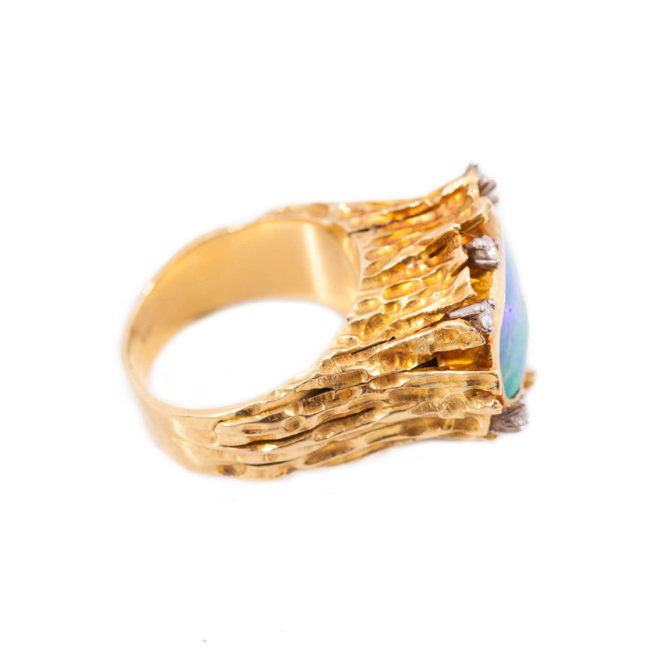 Vintage (circa 1970) Black Opal & Diamond Ring in 18 ct yellow gold