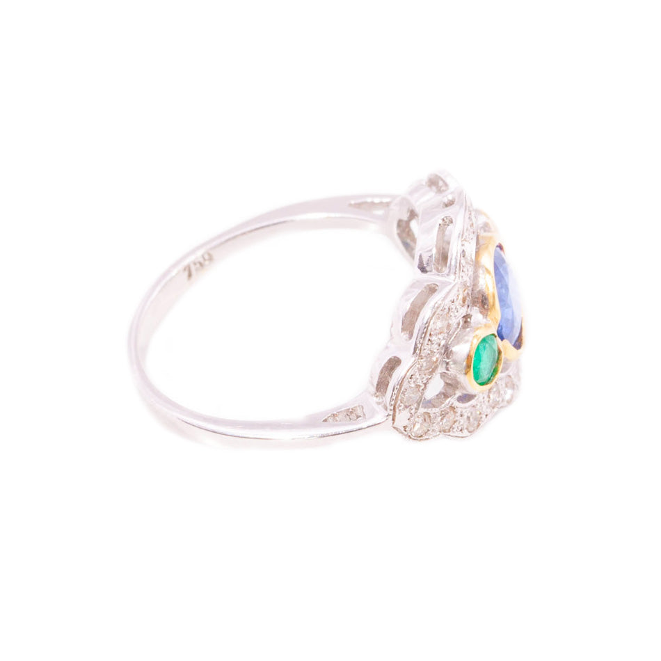 Vintage Art deco Style Sapphire, Emerald & Diamond Ring in 18ct white gold