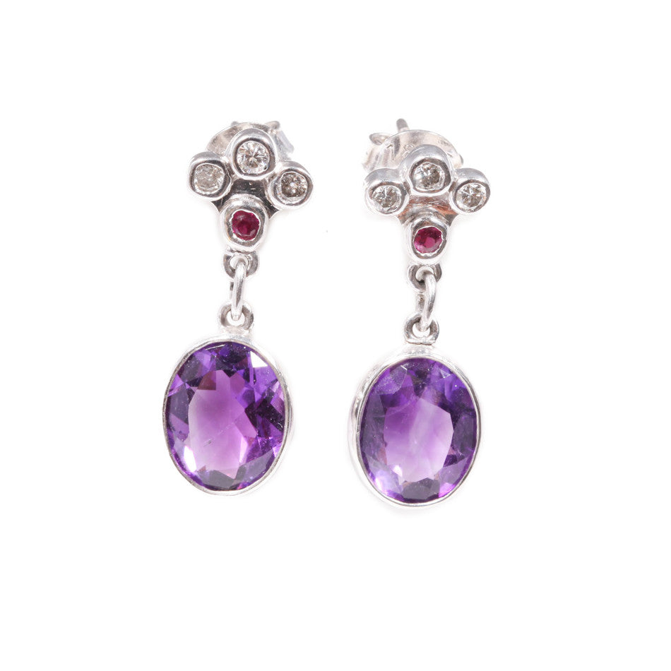 Amethyst, Diamond & Ruby Earrings in 18ct