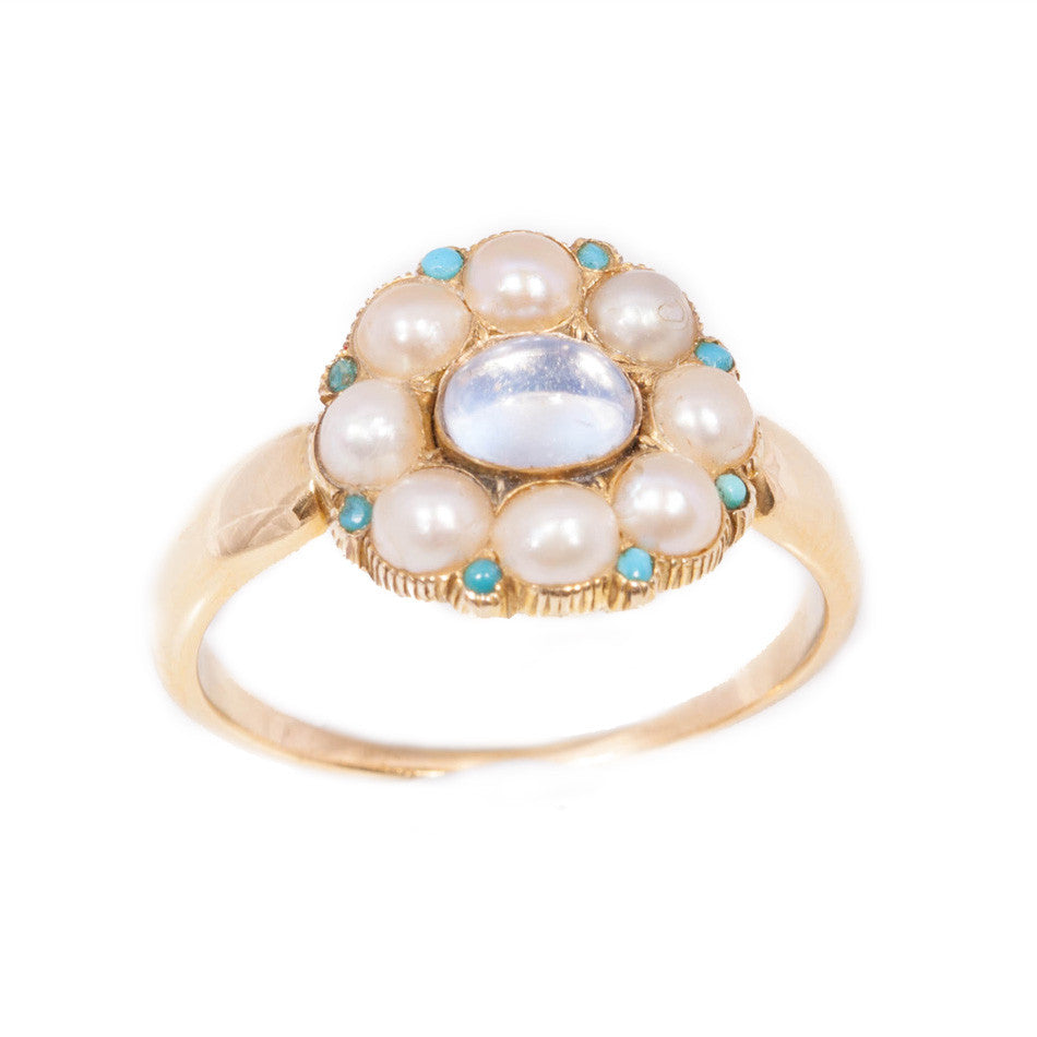 Antique Moonstone Turquoise & Pearl mourning ring set in 18ct yellow gold