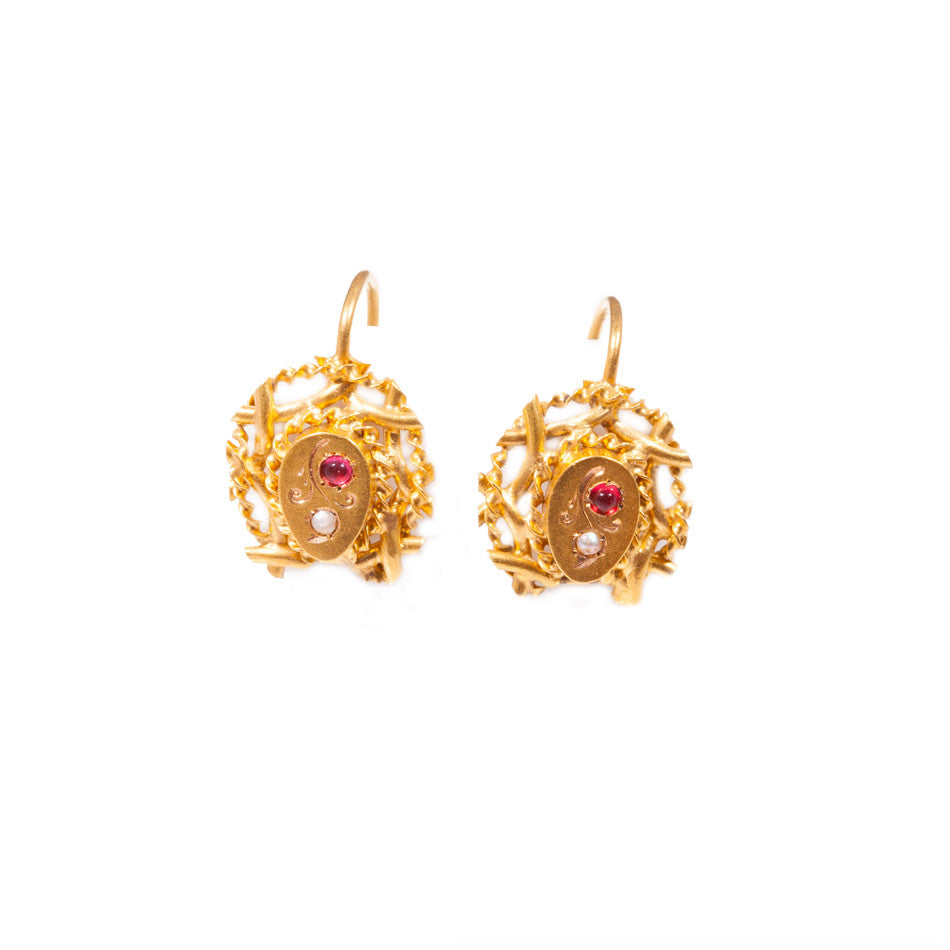 Antique Ruby & Seed Pearl earrings in 18ct yellow gold