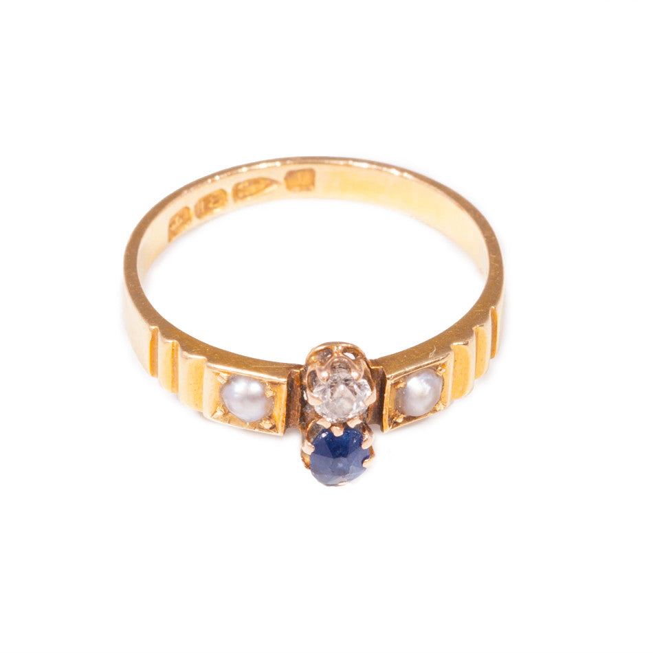 Antique Sapphire, Diamond & Seed Pearl Ring in 18ct