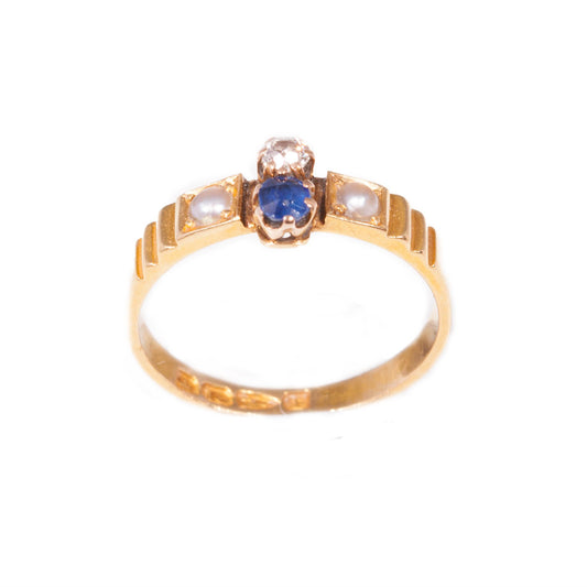 Antique Sapphire, Diamond & Pearl in 18ct yellow gold