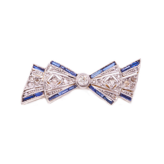 Original Art Deco Platinum Diamond & Sapphire Bow Brooch
