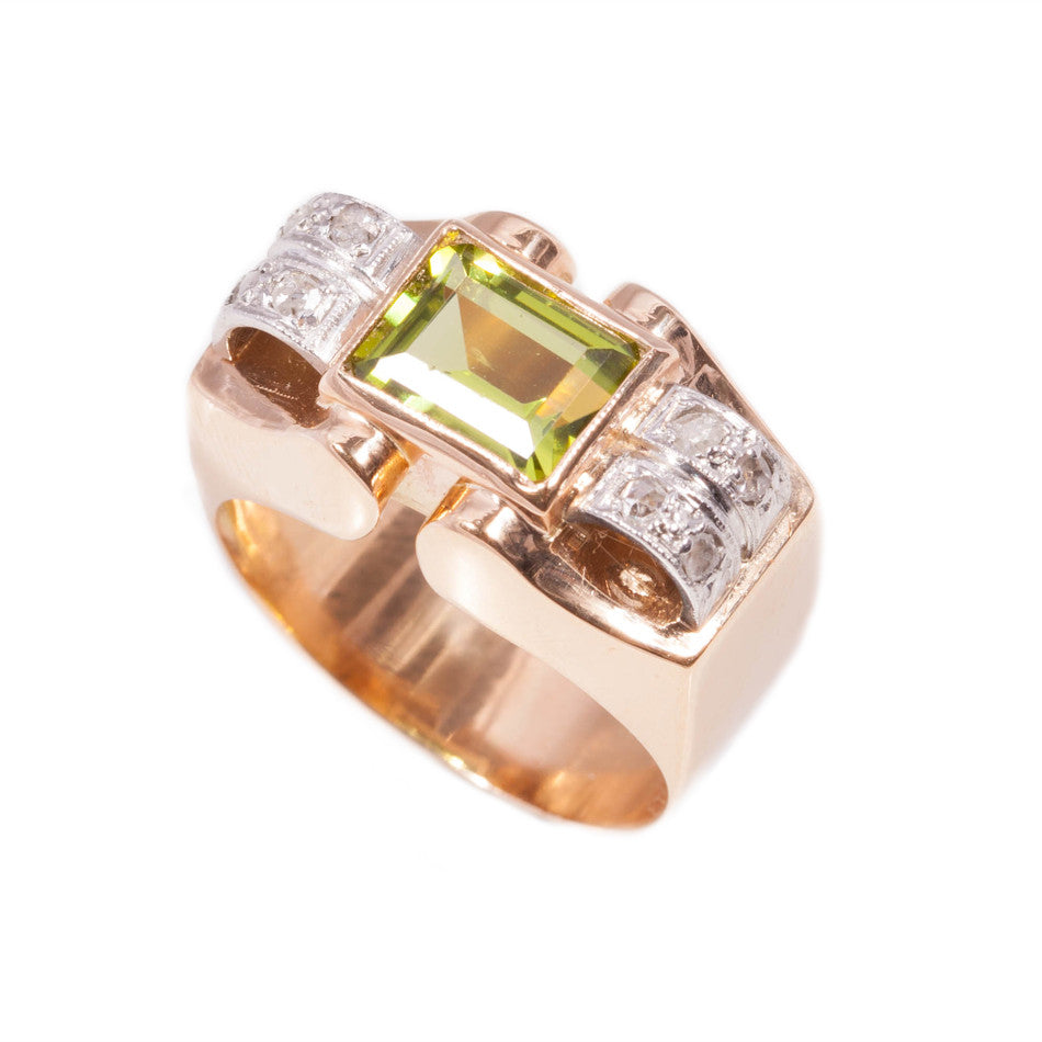 Original Art Deco Peridot & Rose Cut Diamond Ring in 18ct
