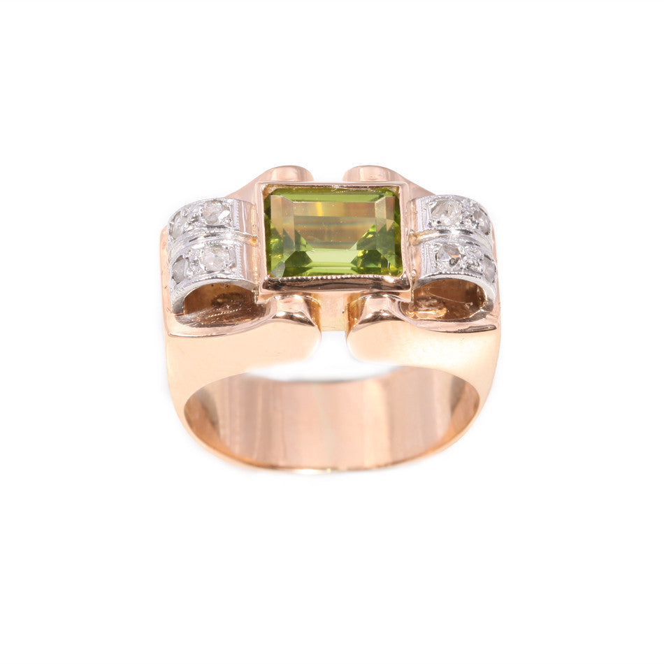 Art Deco Peridot & Rose Cut Diamond Ring set in 18ct gold