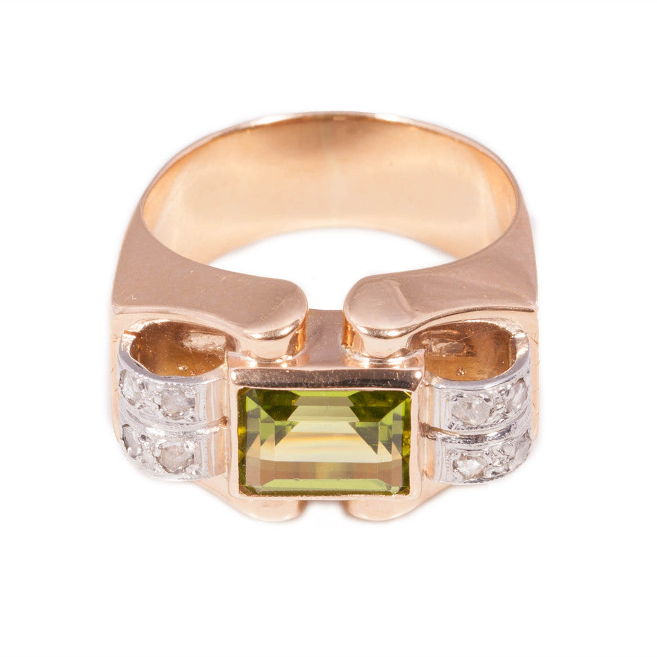 Original Art Deco Peridot & Rose Cut Diamond Ring in 18ct