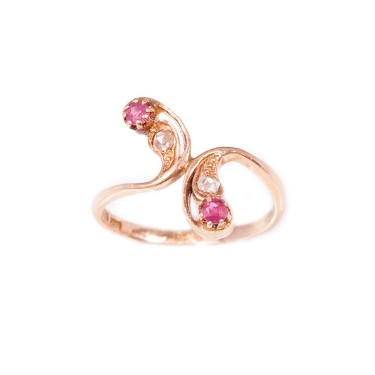 Art Nouveau Ruby & Rose Cut Diamond Ring in 14ct