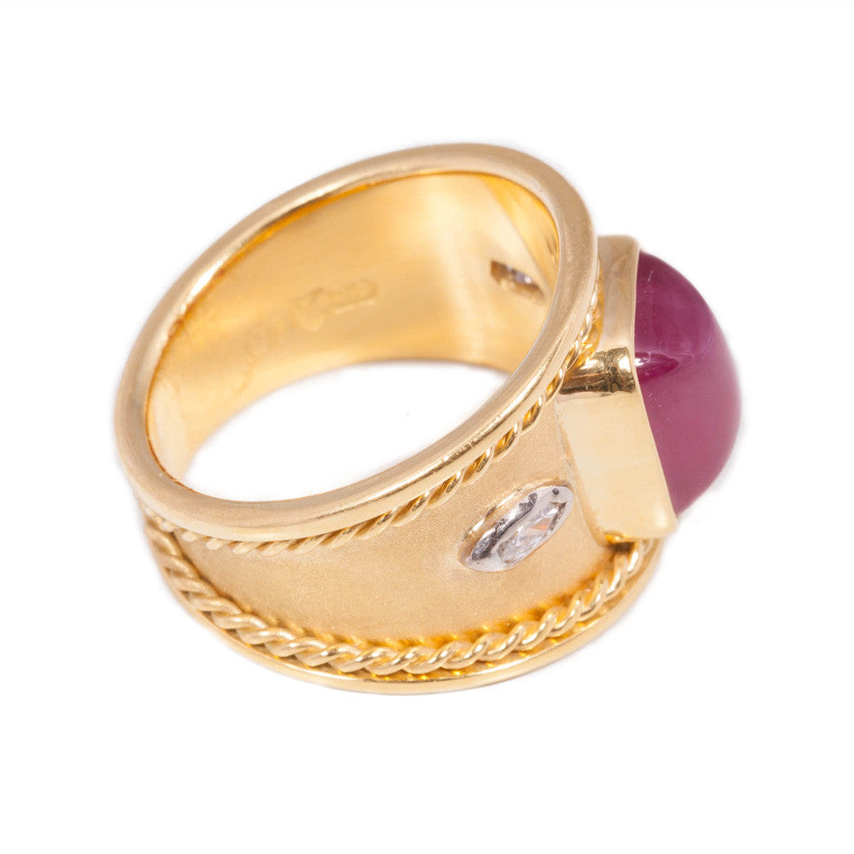 Handmade Cabochon Ruby and Diamond ring in 18ct yellow gold