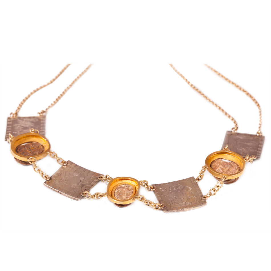  Victorian Egyptian revival scarab and enamel necklace set in silver and 18ct yellow gold circa 1870.