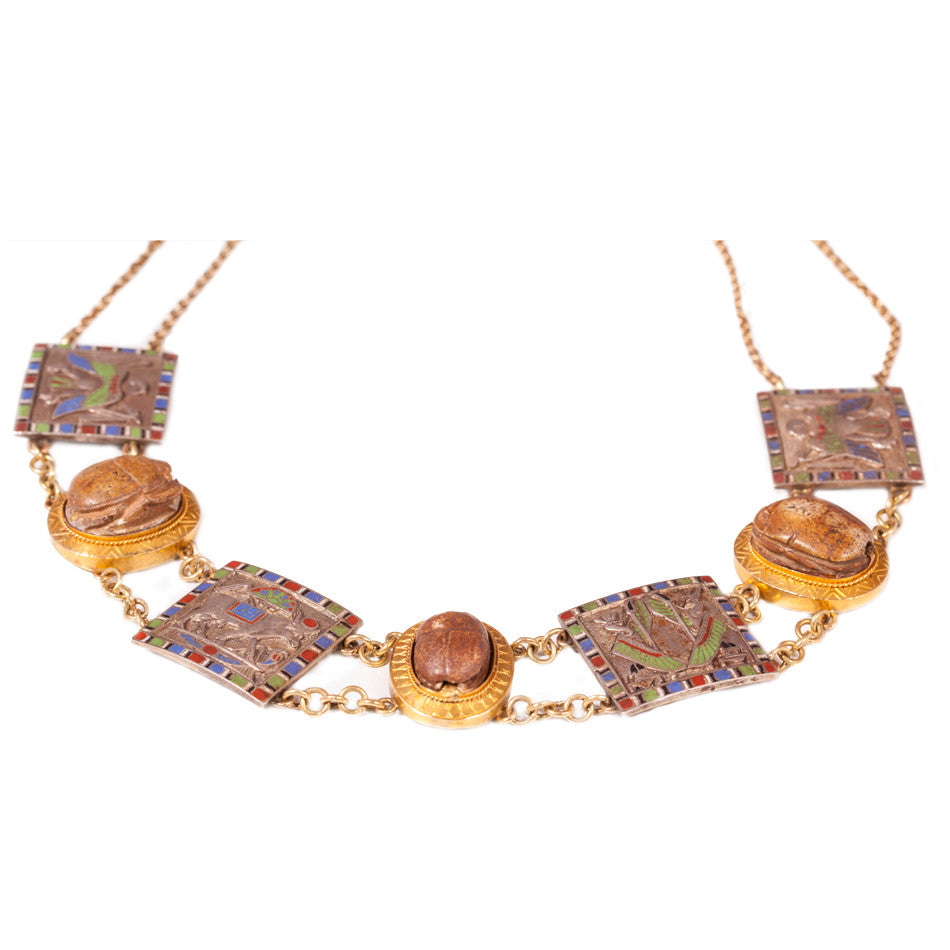  Victorian Egyptian revival scarab and enamel necklace set in silver and 18ct yellow gold circa 1870.