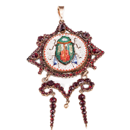 Victorian Garnet & Iridescent Micro Mosaic Sacred Scarab Beetle Pendant