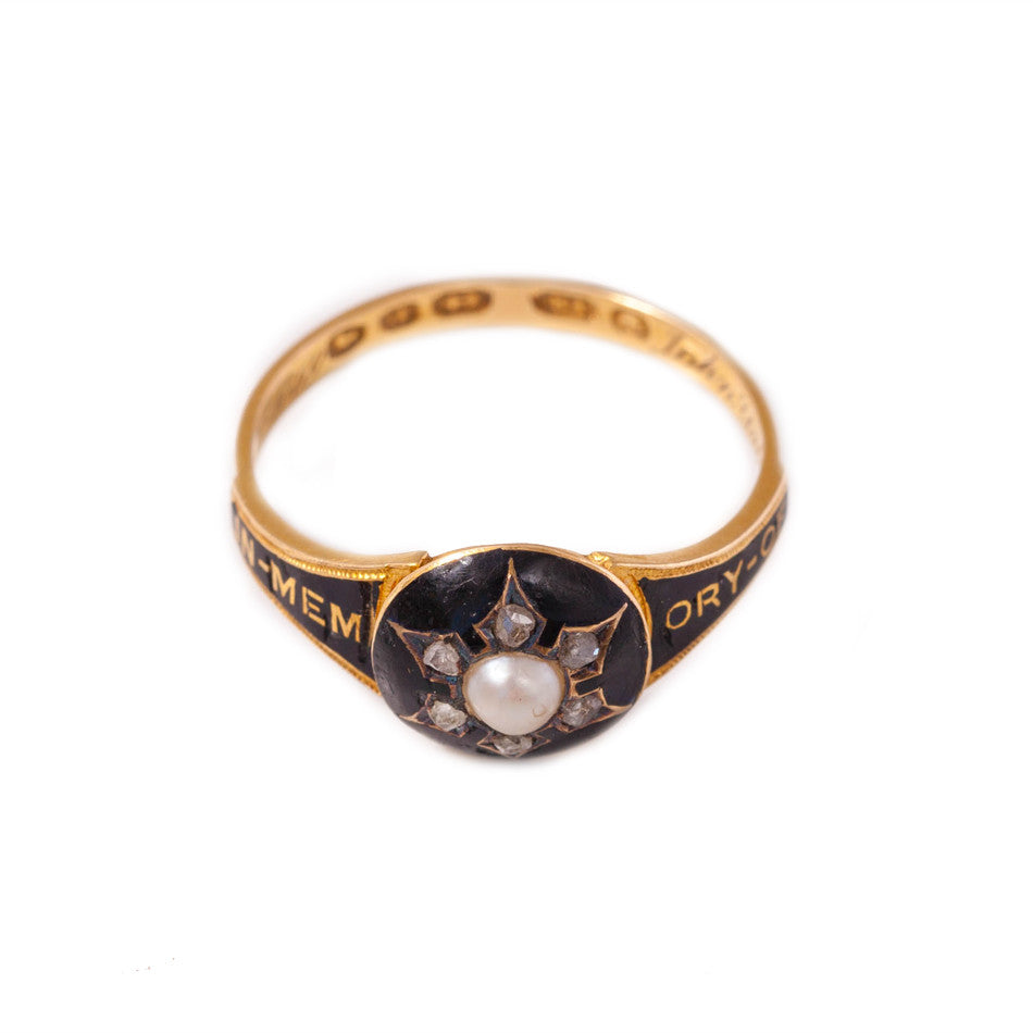 Victorian diamond & pearl mourning ring in 18ct