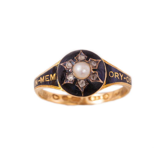 Victorian diamond & pearl mourning ring in 18ct