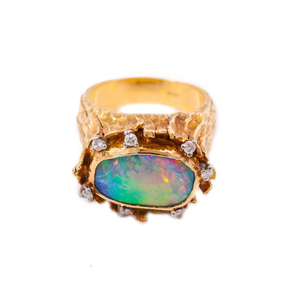 Vintage (circa 1970)  Black Opal & Diamond Ring in 18 ct yellow gold