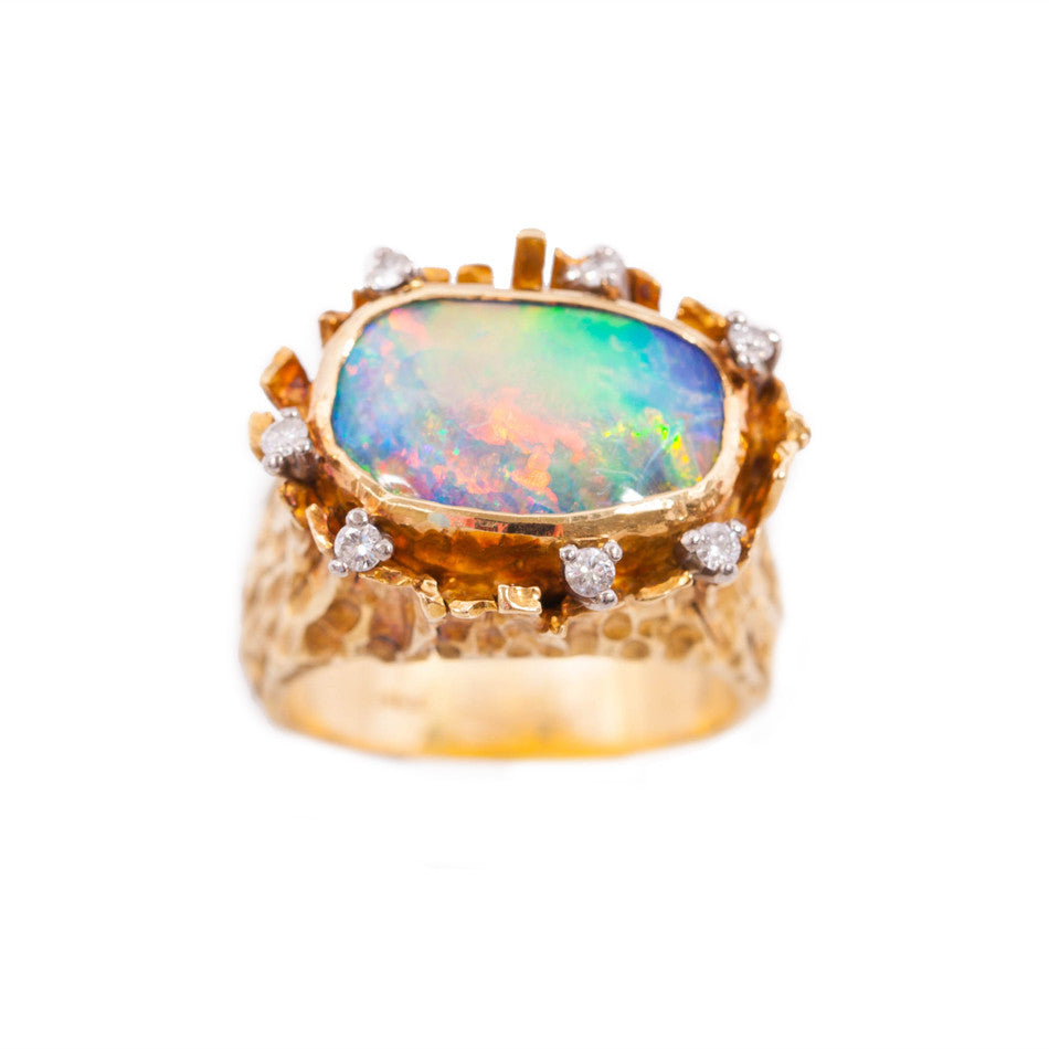Vintage (circa 1970)  Black Opal & Diamond Ring in 18 ct yellow gold