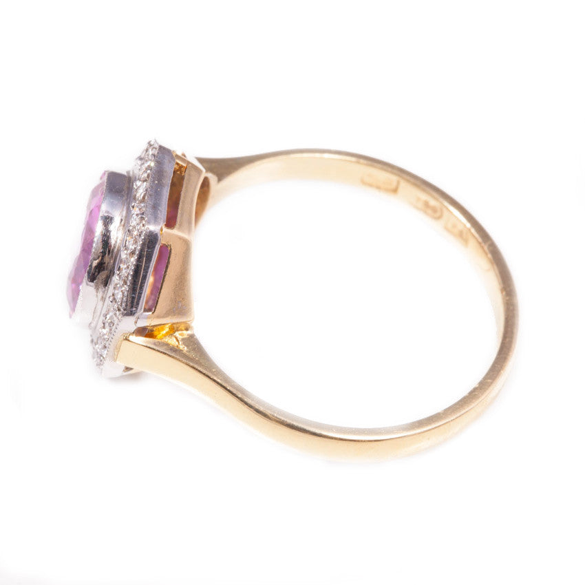 Handmade Art Deco Style Pink Sapphire & Diamond Ring in 18ct white and yellow gold