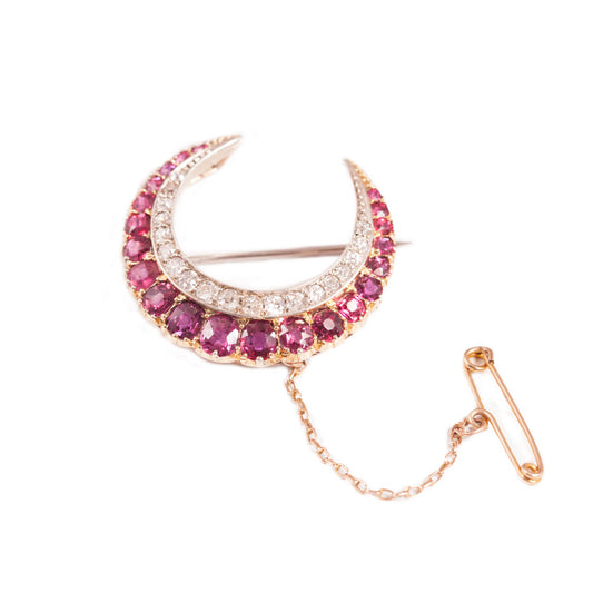 Antique Ruby & Diamond Crescent Brooch in 15ct