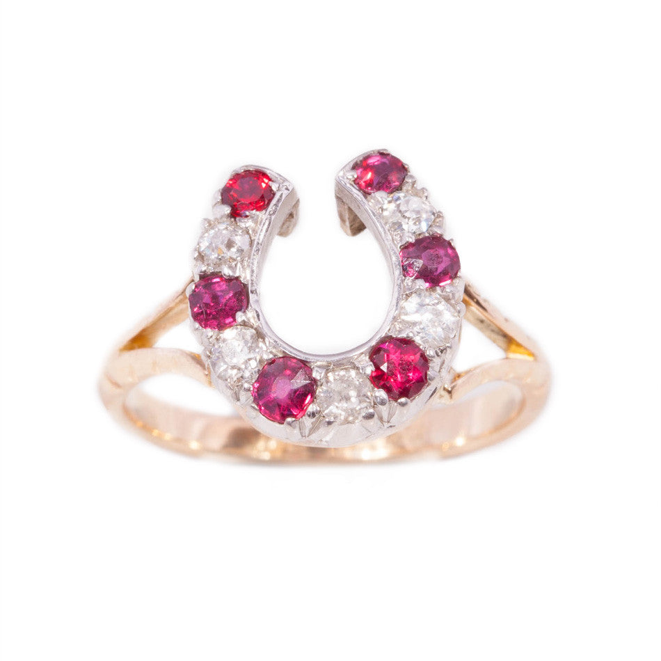 e Ruby and Diamond Horseshoe Ring in 18ct