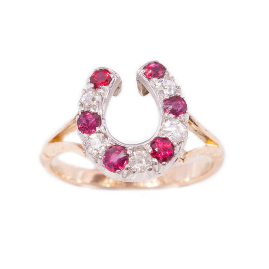 e Ruby and Diamond Horseshoe Ring in 18ct