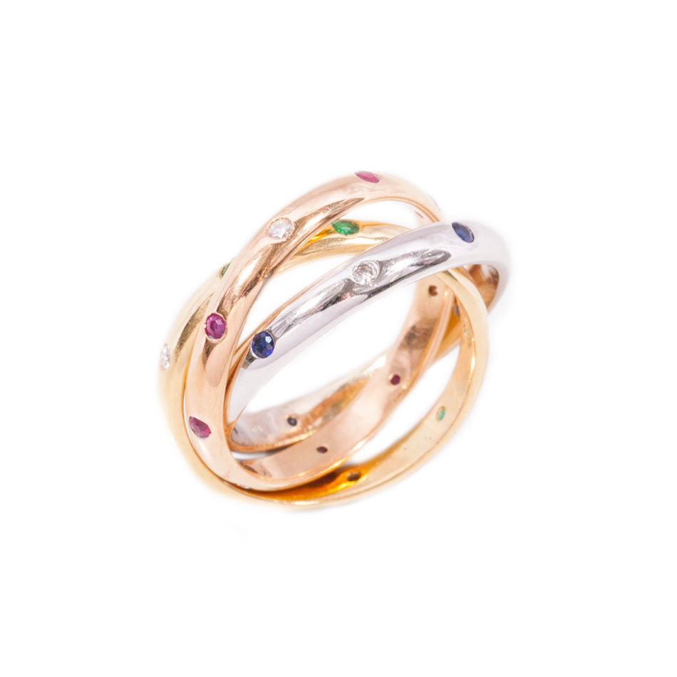 Russian wedding ring with Diamonds, Rubies, Emeralds and Sapphires in 18ct yellow, rose & white gold