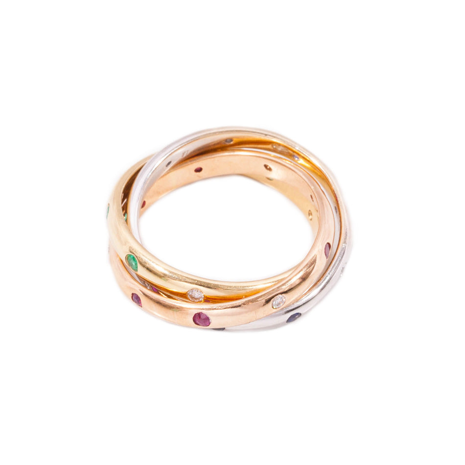 Russian wedding ring with Diamonds, Rubies, Emeralds and Sapphires in 18ct yellow, rose & white gold