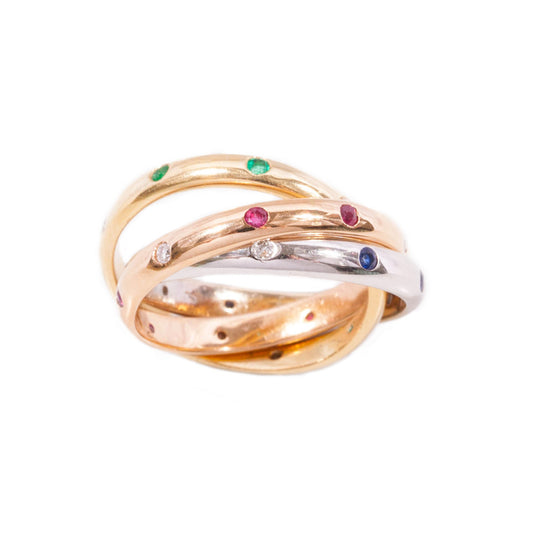 Russian wedding ring with Diamonds, Rubies, Emeralds and Sapphires in 18ct yellow, rose & white gold