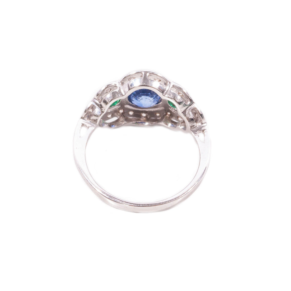 Vintage Art deco Style Sapphire, Emerald & Diamond Ring in 18ct white gold