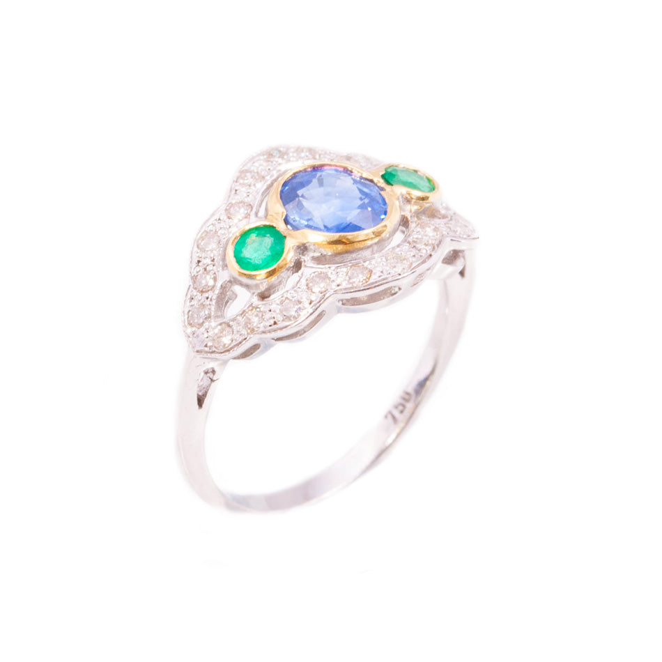 Vintage Art deco Style Sapphire, Emerald & Diamond Ring in 18ct white gold