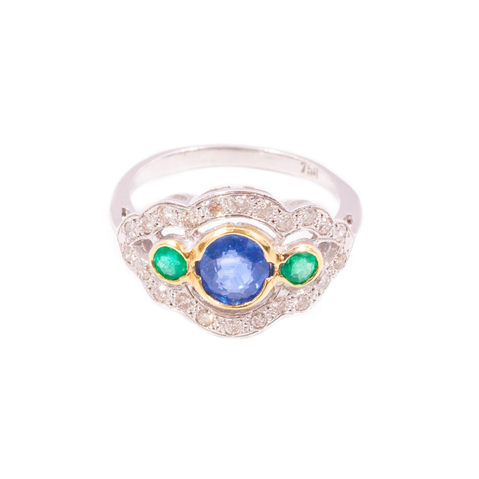 Vintage Art deco Style Sapphire, Emerald & Diamond Ring in 18ct white gold