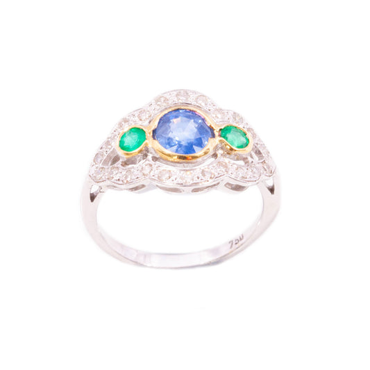 Vintage Art deco Style Sapphire, Emerald & Diamond Ring in 18ct white gold