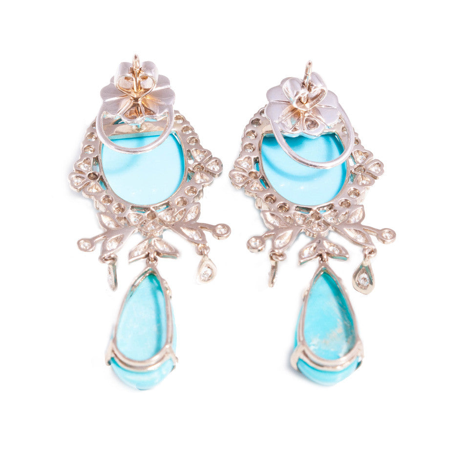 Stunning Natural Turquoise and Diamond Chandelier Earrings in 18 ct white gold